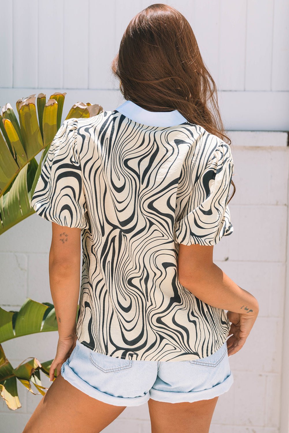 Delilah Zebra Stripe V-Neck Short Sleeve Blouse
