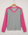 Stripe V-Neck Corded Knit Long Sleeve Top