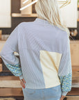 Floral Stripe Collared V-Neck Drop Sleeve Sweatshirt