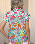 Floral Flutter Sleeve Split Neck Buttoned Blouse
