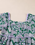 Boho Floral Piping Trim Bubble Sleeve Dress