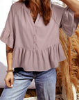 Solid Split V-Neck Ruffle Sleeve Peplum Blouse