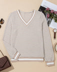 Stripe Textured Knit Long Sleeve V-Neck Top