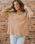 Colorblock Thermal Textured Knit Drop Shoulder Henley Top