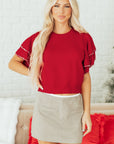 Solid Pearl Embellished Double Ruffle Sleeve Sweater