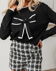 Bow Tie Contrast Trim Cropped Sweater