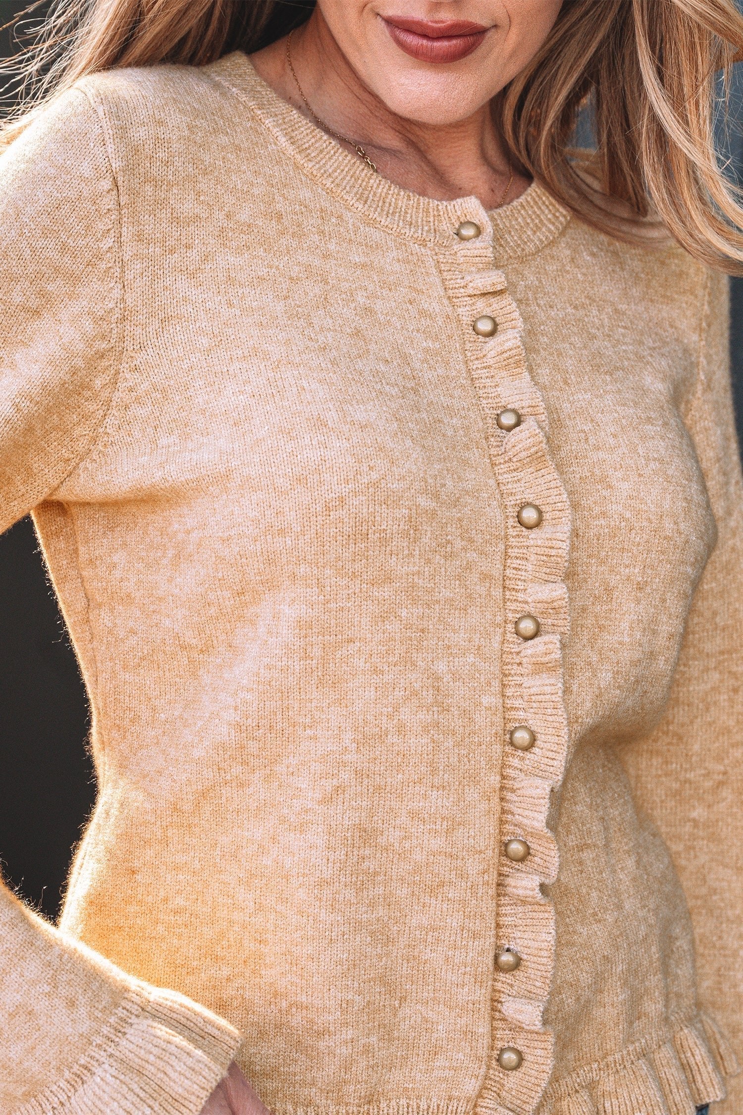 Yamileth Oatmeal Ruffle Trim Sweater