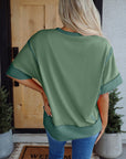 Colorblock 3/4 Sleeve Raw Seam High-Low Top