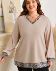 Plus Size Leopard Patchwork V-Neck Long Sleeve Top