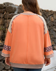Plus Size Plaid Flower Patchwork 3/4 Sleeve Top