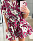 Floral Short Puff Sleeve Belted Mini Dress