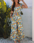 Floral Shirred High Waist Cut Out Jumpsuit