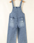 Solid Denim Distressed Bib Pocket Wide Leg Overall