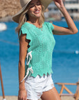 Pointelle Knit Scallop Trim Short Sleeve Sweater