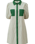 Stripe Patchwork Chest Pocket Mini Shirt Dress