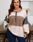 Plus Size Colorblock Waffle Knit Patchwork Half-Button Top