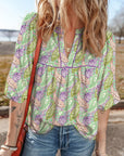 Boho Paisley Short Puff Sleeve V-Neck Blouse