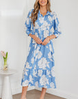Floral Button-Front 3/4 Sleeve Ruffle Hem Dress