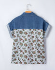 Floral Retro Denim Patchwork Buttoned Collar Top