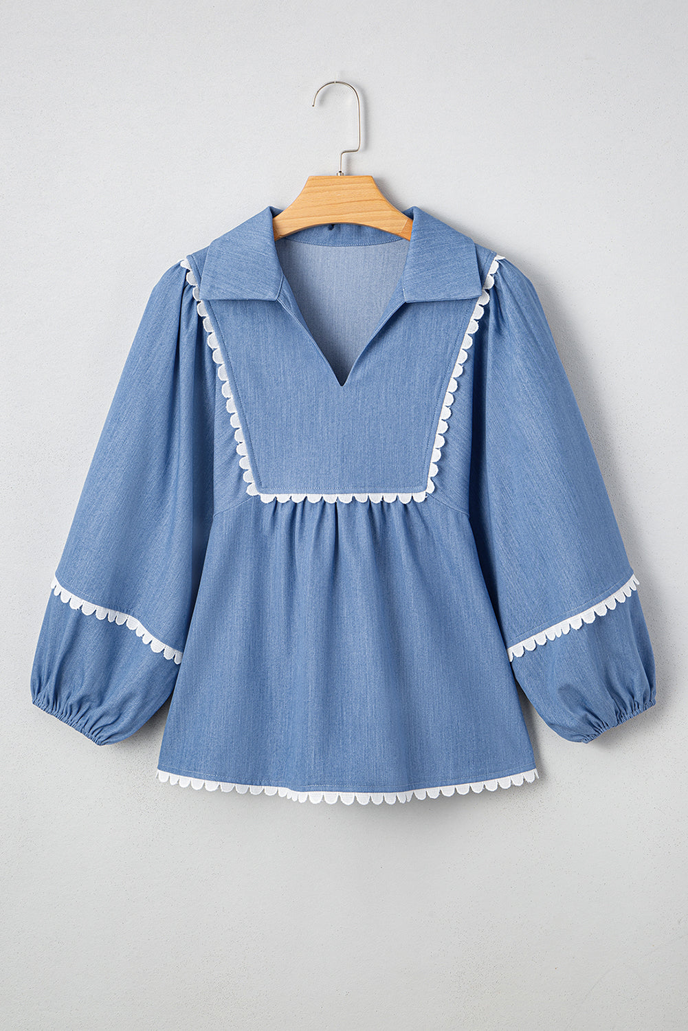 Nevaeh Lace Ric Rac 3/4 Puff Sleeve Collared Babydoll Blouse