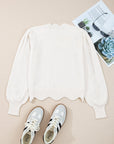 Floral Embroidered Scallop Hem Sweater