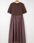 Patchwork Knit Short Sleeve Pleated Maxi Dress