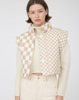 CHECKERED CROPPED PUFFER VEST: BROWN