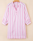 Stripe 3/4 Sleeve Buttoned V-Neck Mini Dress