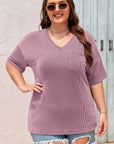 Plus Size Solid Corded Knit V-Neck T-Shirt
