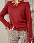 Leopard Bow Split Cuff Contrast Trim Sweater