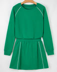 Patchwork Contrast Piping Pullover and Mini Skirt Set