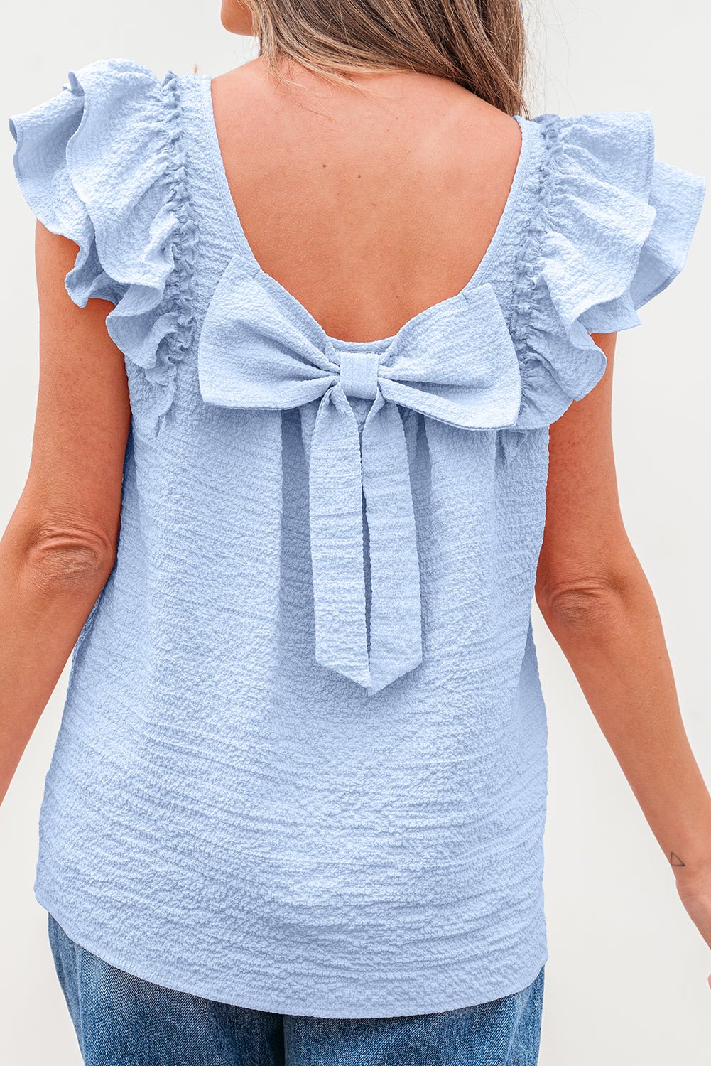 Textured Bow Back Frilled Butterfly Sleeve Blouse