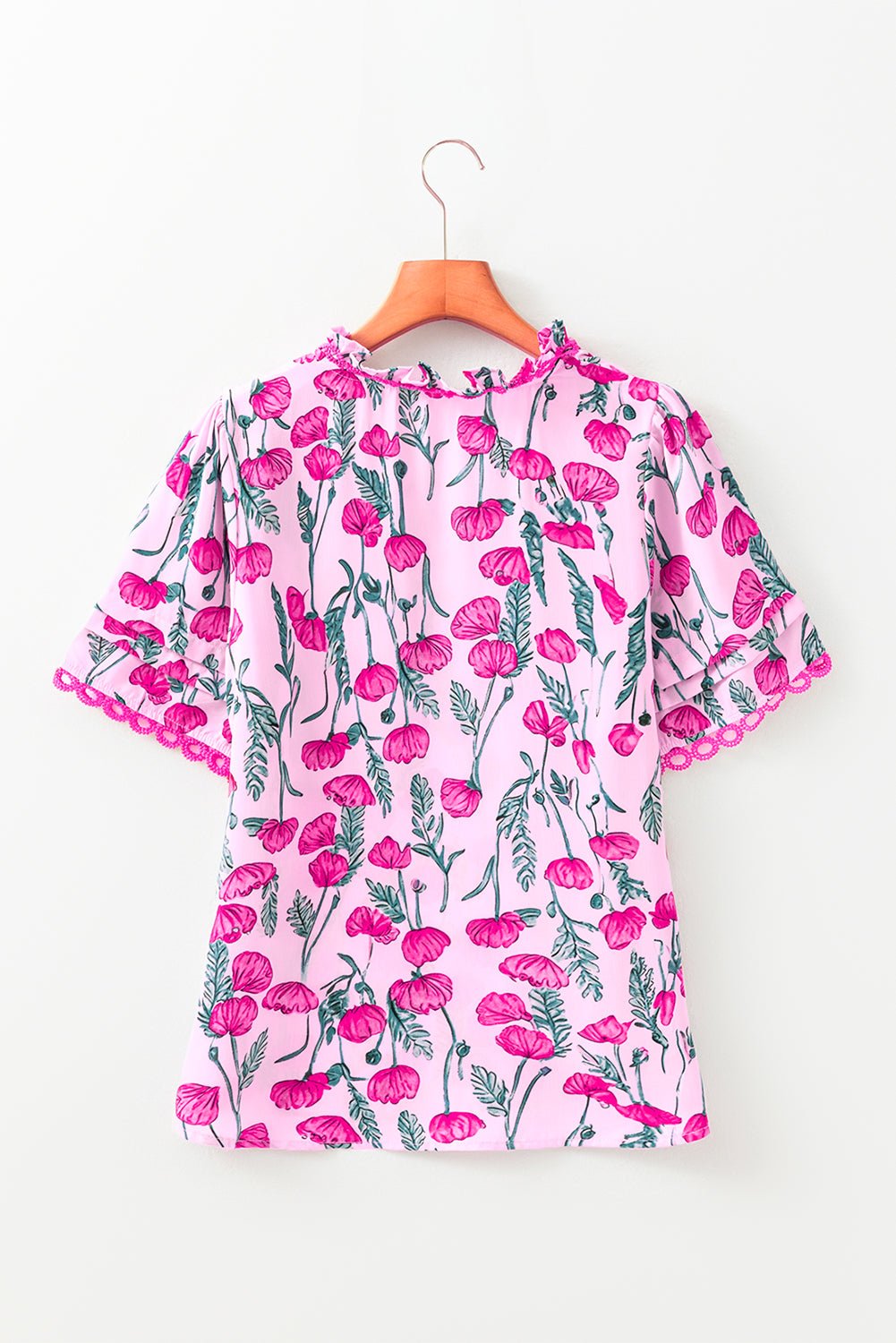 Floral Lace Detail Frilled V-Neck Short Sleeve Blouse
