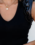 Solid Ribbed Leatherette Ruffle Sleeve Bodysuit