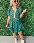 Floral Contrast Trim V-Neck Short Sleeve Dress