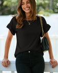 Solid Ribbed Knit Ruffle Short Sleeve T-Shirt