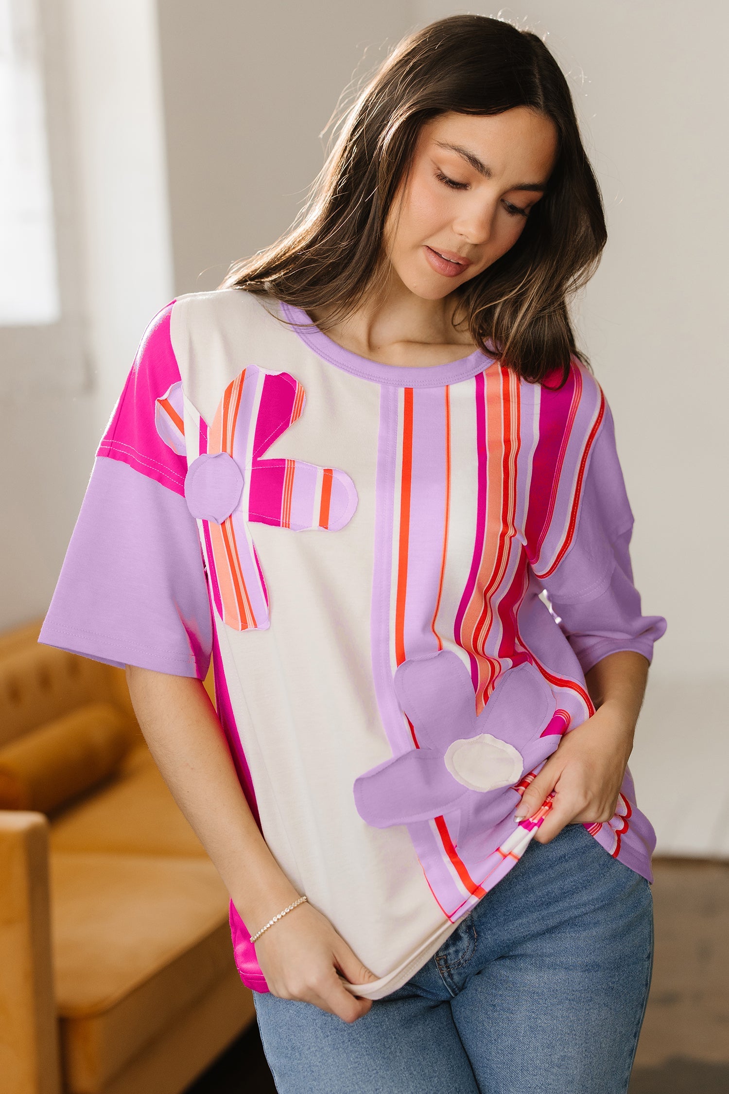 Flower Patch Stripe Colorblock Short Sleeve Top