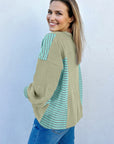 Stripe Patchwork Waffle Knit V-Neck Pullover