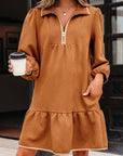 Textured Quarter Zip Collar 3/4 Sleeve Mini Dress