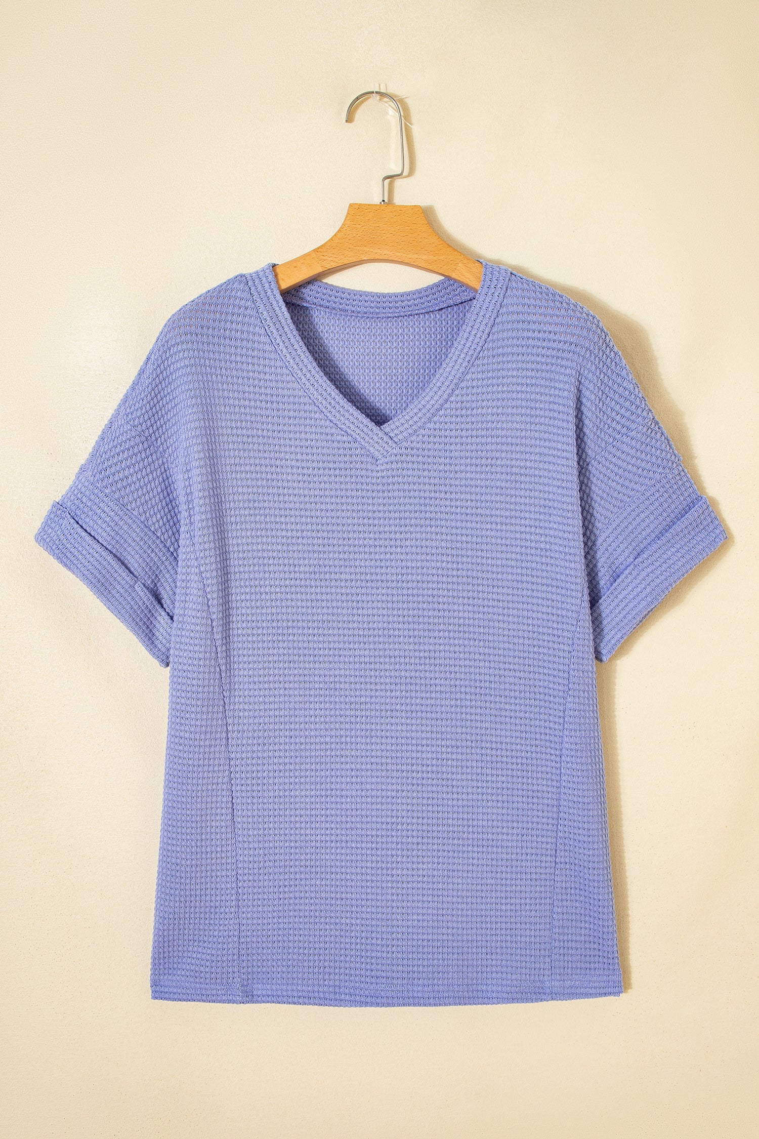 Solid Waffle Knit V-Neck Short Sleeve Top