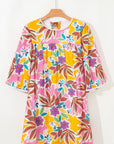 Pink Floral Print Lace Trimmed Tie Back Bell Sleeve Swing Mini Dress