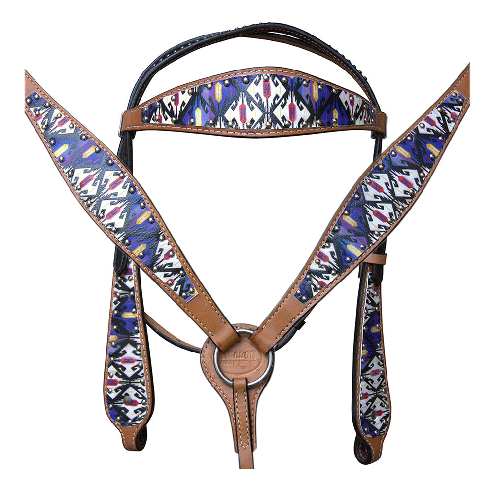 HILASON Western  Horse Leather Headstall &amp; Breast Collar Tack Set Aztec