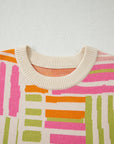 Geometric Stripe Crewneck Puff Sleeve Sweater