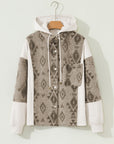 Western Aztec Colorblock Patchwork Drawstring Hooded Shacket