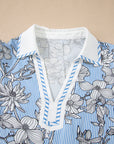 Floral Stripe Polo Collar Short Sleeve Blouse
