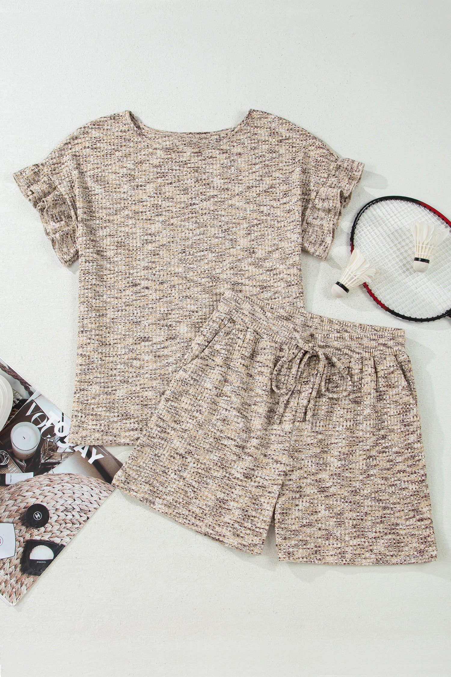 Heather Textured Ruffle Sleeve Top &amp; Drawstring Shorts Set