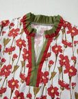Floral Contrast Trim V-Neck Ruffle Short Sleeve Blouse