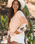 Tropical Polka Dot Patchwork Puff Sleeve V-Neck Blouse