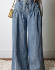 Stripe Buttoned High Waist Pleated Wide Leg Jeans