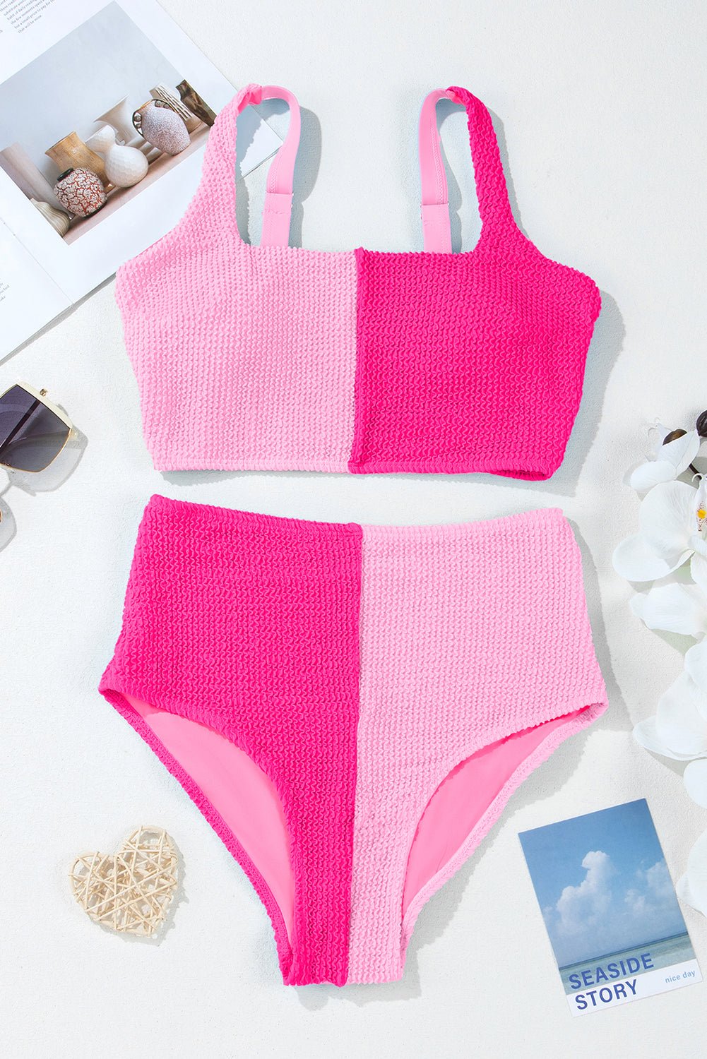 Colorblock Corded Top &amp; High Waist Bikini Set